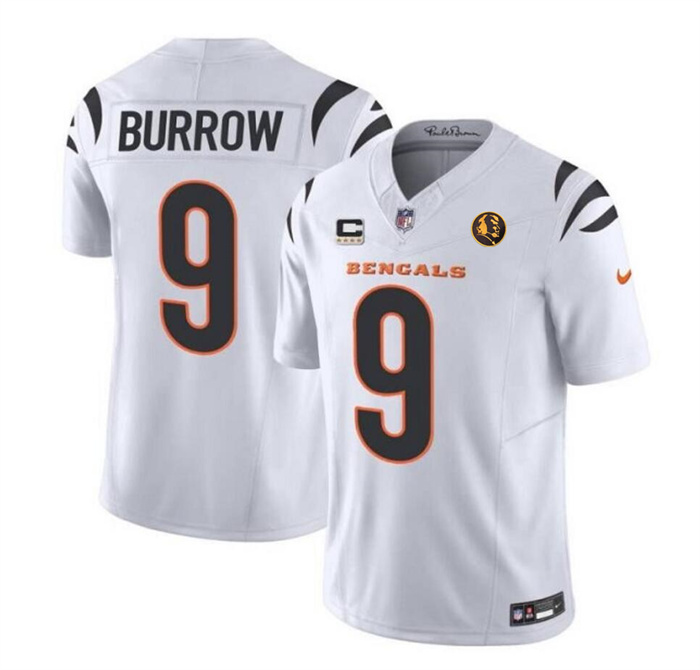 Men's Cincinnati Bengals #9 Joe Burrow White 2023 F.U.S.E. With 4-star C Ptach And John Madden Patch Vapor Limited Stitched Football Jersey Men's Cincinnati Bengals #9 Joe Burrow White 2023 F.U.S.E. With 4-star C Ptach And John Madden Patch Vapor Limited Stitched Football Jersey