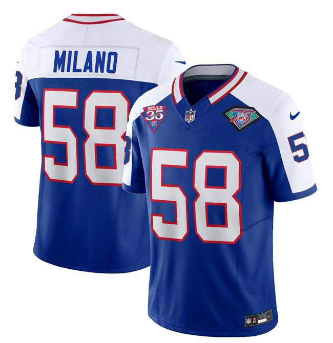 Men's Buffalo Bills #58 Matt Milano Blue/White 75th Anniversary 2023 F.U.S.E. Throwback Vapor Untouchable Limited Stitched Jersey Men's Buffalo Bills #58 Matt Milano Blue/White 75th Anniversary 2023 F.U.S.E. Throwback Vapor Untouchable Limited Stitched Jersey