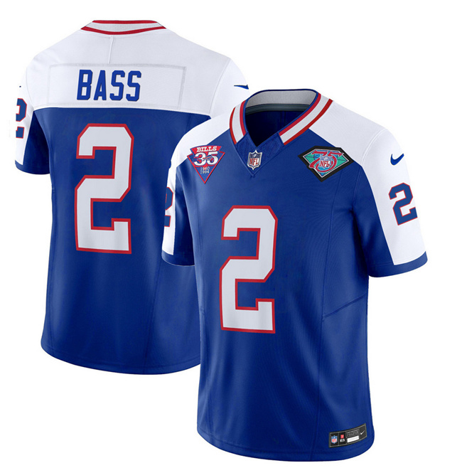 Men's Buffalo Bills #2 Tyler Bass Blue/White 2023 F.U.S.E. 75th Anniversary Throwback Vapor Untouchable Limited Stitched Jersey Men's Buffalo Bills #2 Tyler Bass Blue/White 2023 F.U.S.E. 75th Anniversary Throwback Vapor Untouchable Limited Stitched Jersey