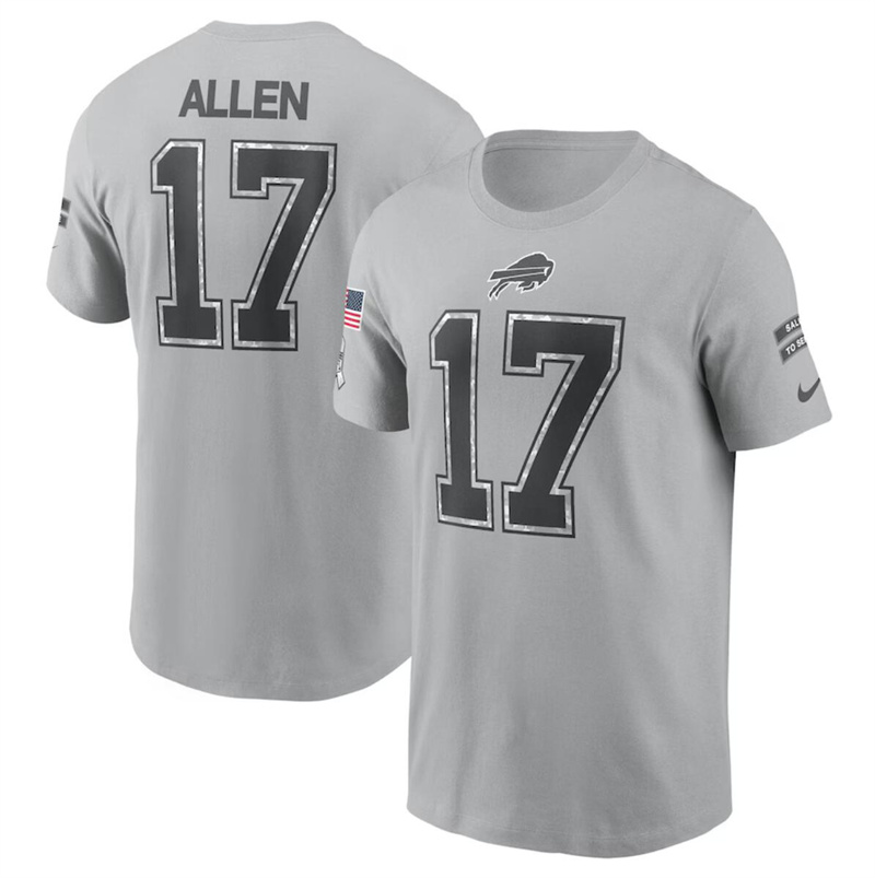 Men's Buffalo Bills #17 Josh Allen 2024 Gray Salute To Service Name & Number T-Shirt Men's Buffalo Bills #17 Josh Allen 2024 Gray Salute To Service Name & Number T-Shirt