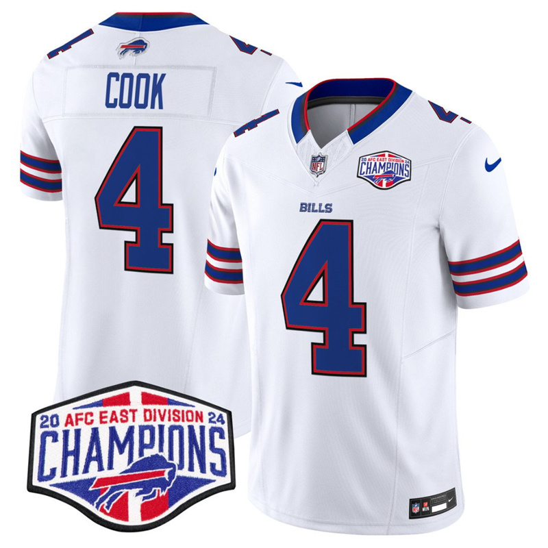 Men's Buffalo Bills #4 James Cook White F.U.S.E. 2024 AFC East Division Champions Vapor Limited Stitched Football Jersey Men's Buffalo Bills #4 James Cook White F.U.S.E. 2024 AFC East Division Champions Vapor Limited Stitched Football Jersey