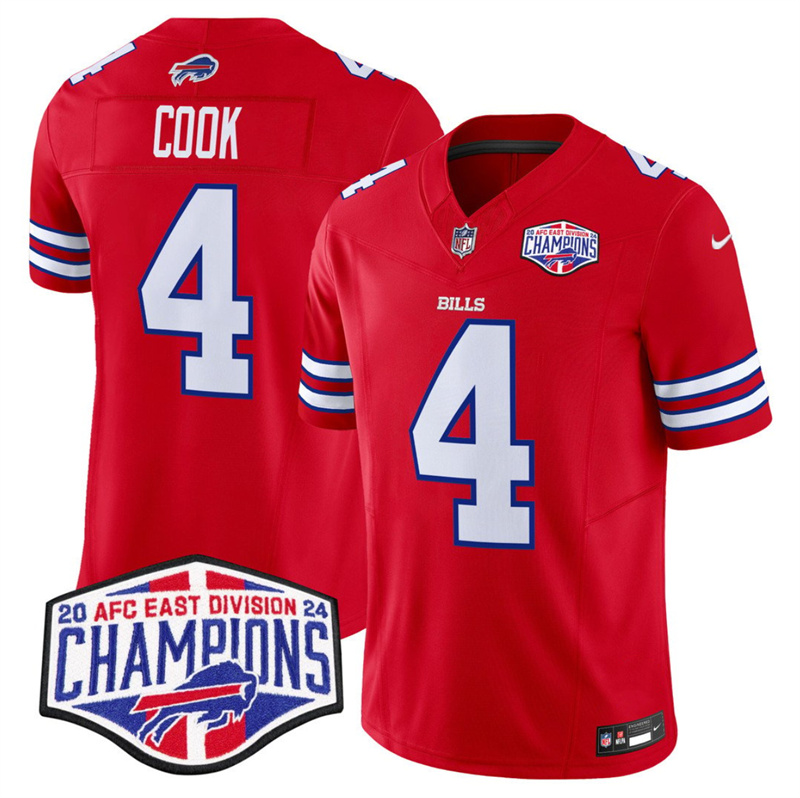 Men's Buffalo Bills #4 James Cook Red F.U.S.E. 2024 AFC East Division Champions Vapor Limited Stitched Football Jersey Men's Buffalo Bills #4 James Cook Red F.U.S.E. 2024 AFC East Division Champions Vapor Limited Stitched Football Jersey