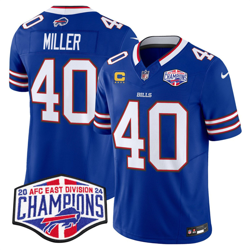 Men's Buffalo Bills #40 Von Miller Royal F.U.S.E. 2024 AFC East Division Champions With 4-star C Ptach Vapor Limited Stitched Football Jersey Men's Buffalo Bills #40 Von Miller Royal F.U.S.E. 2024 AFC East Division Champions With 4-star C Ptach Vapor Limited Stitched Football Jersey