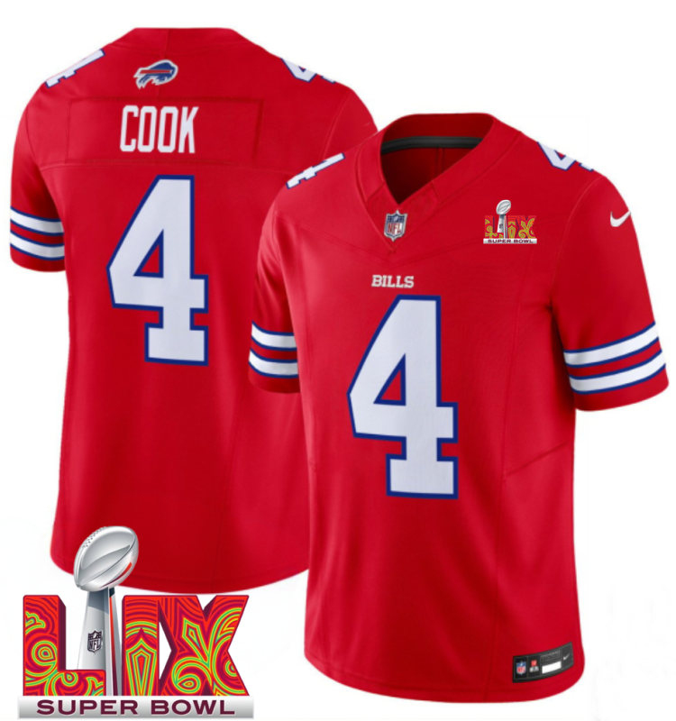 Men's Buffalo Bills #4 James Cook Red F.U.S.E. 24/25 Super Bowl LIX Vapor Untouchable Limited Stitched Football Jersey Men's Buffalo Bills #4 James Cook Red F.U.S.E. 24/25 Super Bowl LIX Vapor Untouchable Limited Stitched Football Jersey