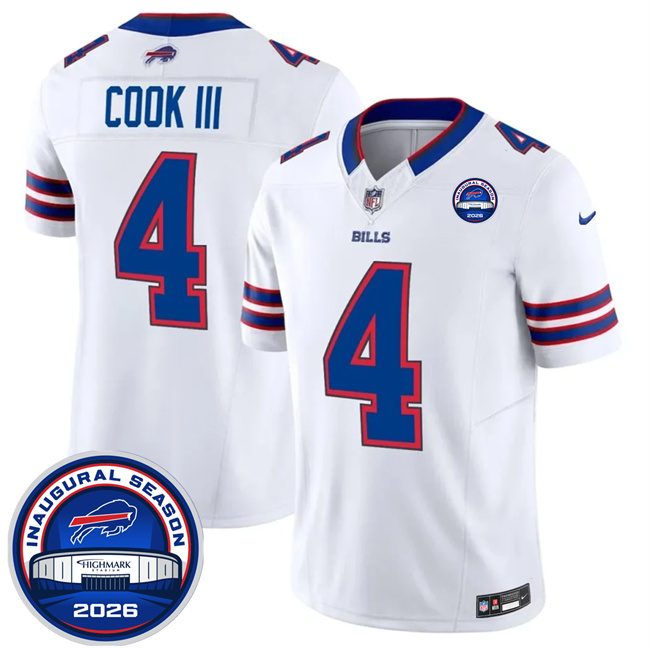 Men's Buffalo Bills #4 James Cook III White F.U.S.E. 2026 Inaugural Season at Highmark Stadium Patch Stitched Football Jersey Men's Buffalo Bills #4 James Cook III White F.U.S.E. 2026 Inaugural Season at Highmark Stadium Patch Stitched Football Jersey