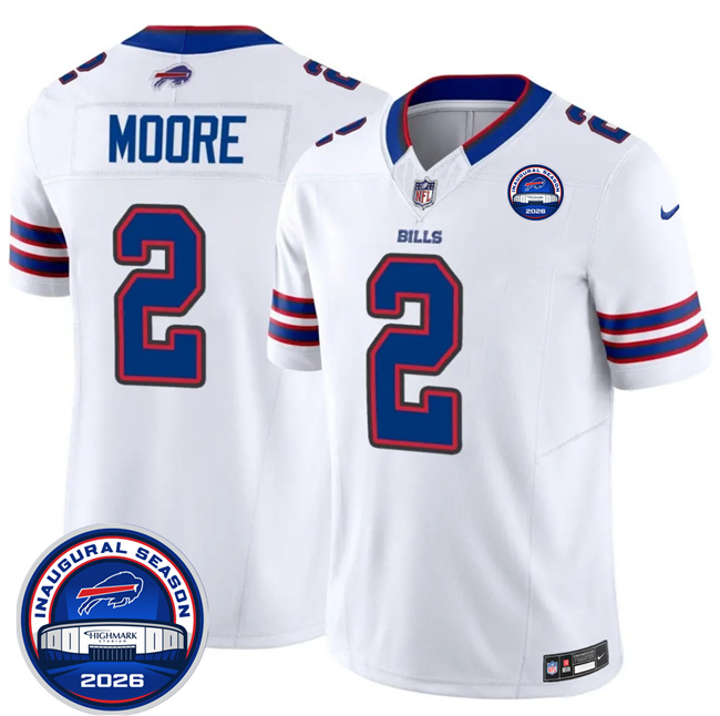 Men's Buffalo Bills #2 D.J. Moore White F.U.S.E. 2026 Inaugural Season at Highmark Stadium Patch Stitched Football Jersey Men's Buffalo Bills #2 D.J. Moore White F.U.S.E. 2026 Inaugural Season at Highmark Stadium Patch Stitched Football Jersey