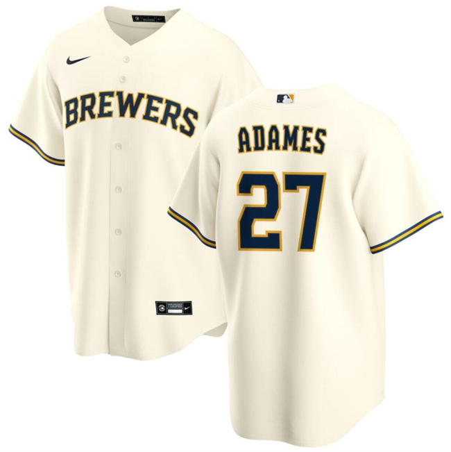 Men's Milwaukee Brewers #27 Willy Adames Cream Cool Base Stitched Baseball Jersey Men's Milwaukee Brewers #27 Willy Adames Cream Cool Base Stitched Baseball Jersey