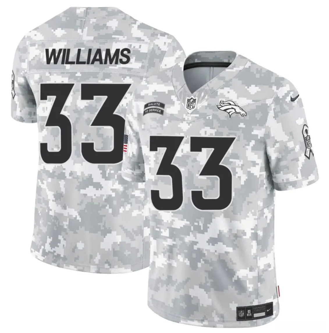 Men's Denver Broncos #33 Javonte Williams 2024 F.U.S.E Arctic Camo Salute to Service Limited Stitched Football Jersey Men's Denver Broncos #33 Javonte Williams 2024 F.U.S.E Arctic Camo Salute to Service Limited Stitched Football Jersey