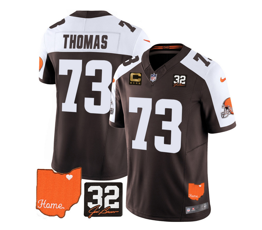 Men's Cleveland Browns #73 Joe Thomas Brown/White 2023 F.U.S.E. With Jim Brown Memorial Patch And 4-Star C Patch Vapor Untouchable Limited Stitched Jersey Men's Cleveland Browns #73 Joe Thomas Brown/White 2023 F.U.S.E. With Jim Brown Memorial Patch And 4-Star C Patch Vapor Untouchable Limited Stitched Jersey