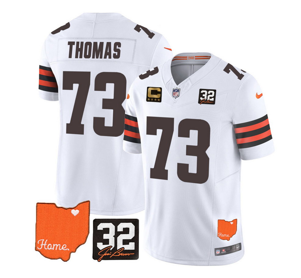 Men's Cleveland Browns #73 Joe Thomas White 2023 F.U.S.E. With Jim Brown Memorial Patch And 4-Star C Patch Vapor Untouchable Limited Stitched Jersey Men's Cleveland Browns #73 Joe Thomas White 2023 F.U.S.E. With Jim Brown Memorial Patch And 4-Star C Patch Vapor Untouchable Limited Stitched Jersey