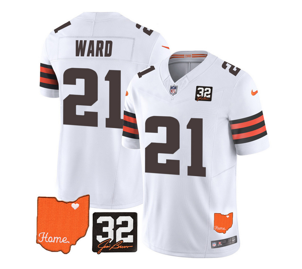 Men's Cleveland Browns #21 Denzel Ward White 2023 F.U.S.E. With Jim Brown Memorial Patch Vapor Untouchable Limited Stitched Jersey Men's Cleveland Browns #21 Denzel Ward White 2023 F.U.S.E. With Jim Brown Memorial Patch Vapor Untouchable Limited Stitched Jersey