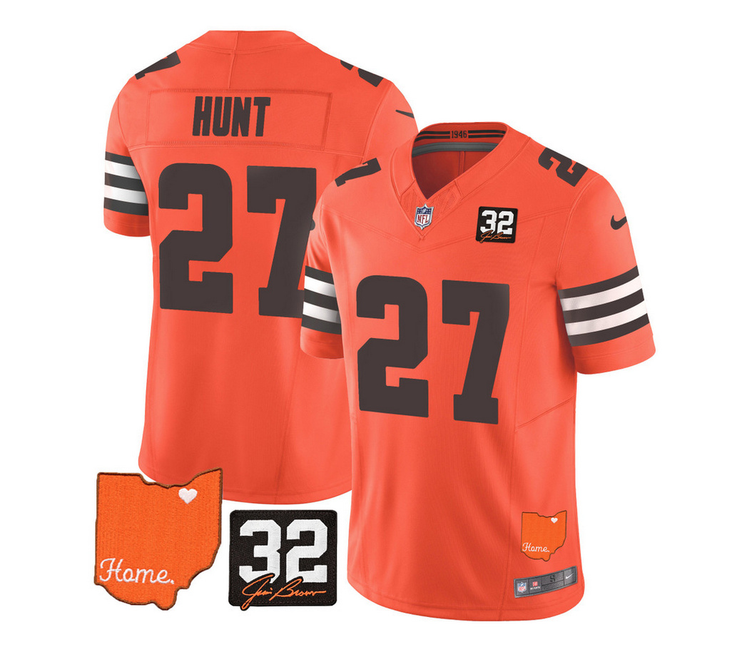 Men's Cleveland Browns #27 Kareem Hunt Orange 2023 F.U.S.E. With Jim Brown Memorial Patch Vapor Untouchable Limited Stitched Jersey Men's Cleveland Browns #27 Kareem Hunt Orange 2023 F.U.S.E. With Jim Brown Memorial Patch Vapor Untouchable Limited Stitched Jersey