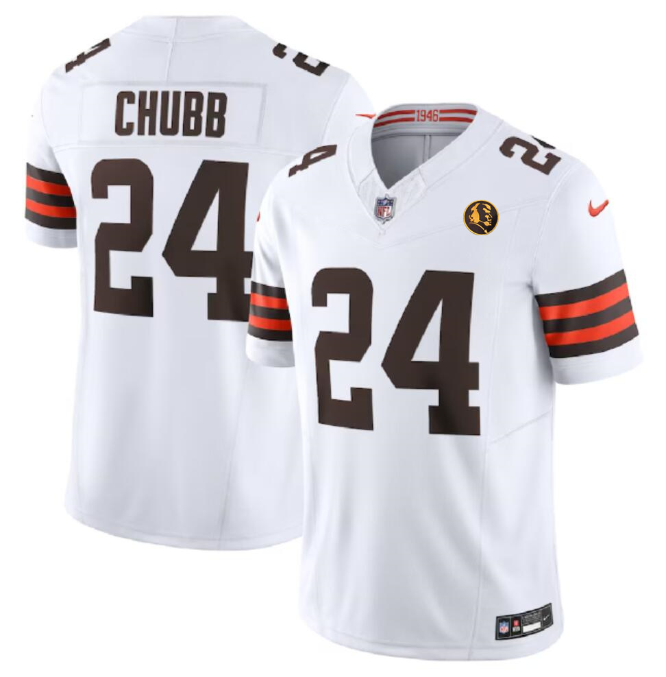 Men's Cleveland Browns #24 Nick Chubb White 2023 F.U.S.E. With John Madden Patch Vapor Limited Stitched Football Jersey Men's Cleveland Browns #24 Nick Chubb White 2023 F.U.S.E. With John Madden Patch Vapor Limited Stitched Football Jersey