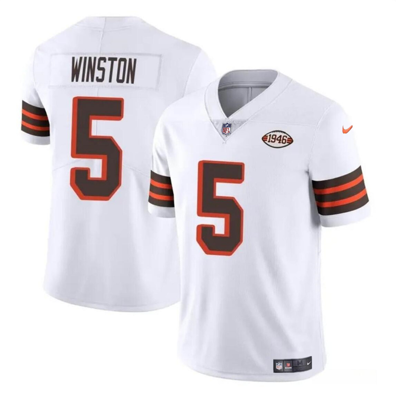 Men's Cleveland Browns #5 Jameis Winston White 1946 Collection Vapor Limited Stitched Football Jersey Men's Cleveland Browns #5 Jameis Winston White 1946 Collection Vapor Limited Stitched Football Jersey