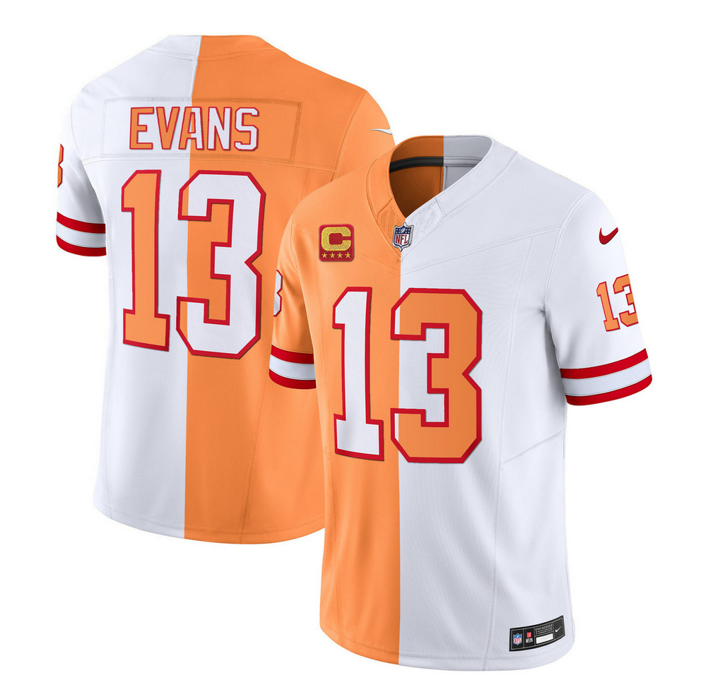 Men's Tampa Bay Buccaneers #13 Mike Evans 2023 F.U.S.E. White/Gold With 4-Star C Patch Split Throwback Limited Stitched Jersey Men's Tampa Bay Buccaneers #13 Mike Evans 2023 F.U.S.E. White/Gold With 4-Star C Patch Split Throwback Limited Stitched Jersey