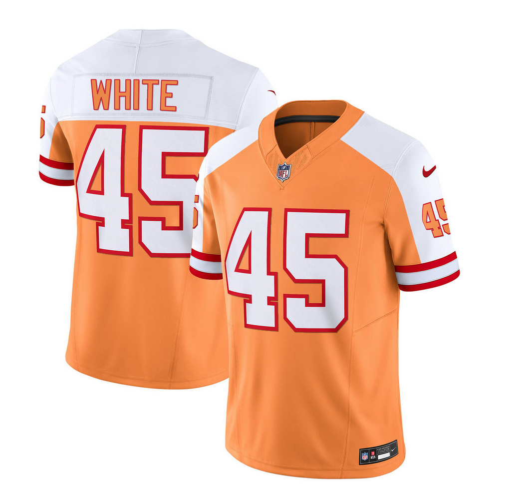 Men's Tampa Bay Buccaneers #45 Devin White 2023 F.U.S.E. White/Gold Throwback Limited Stitched Jersey Men's Tampa Bay Buccaneers #45 Devin White 2023 F.U.S.E. White/Gold Throwback Limited Stitched Jersey