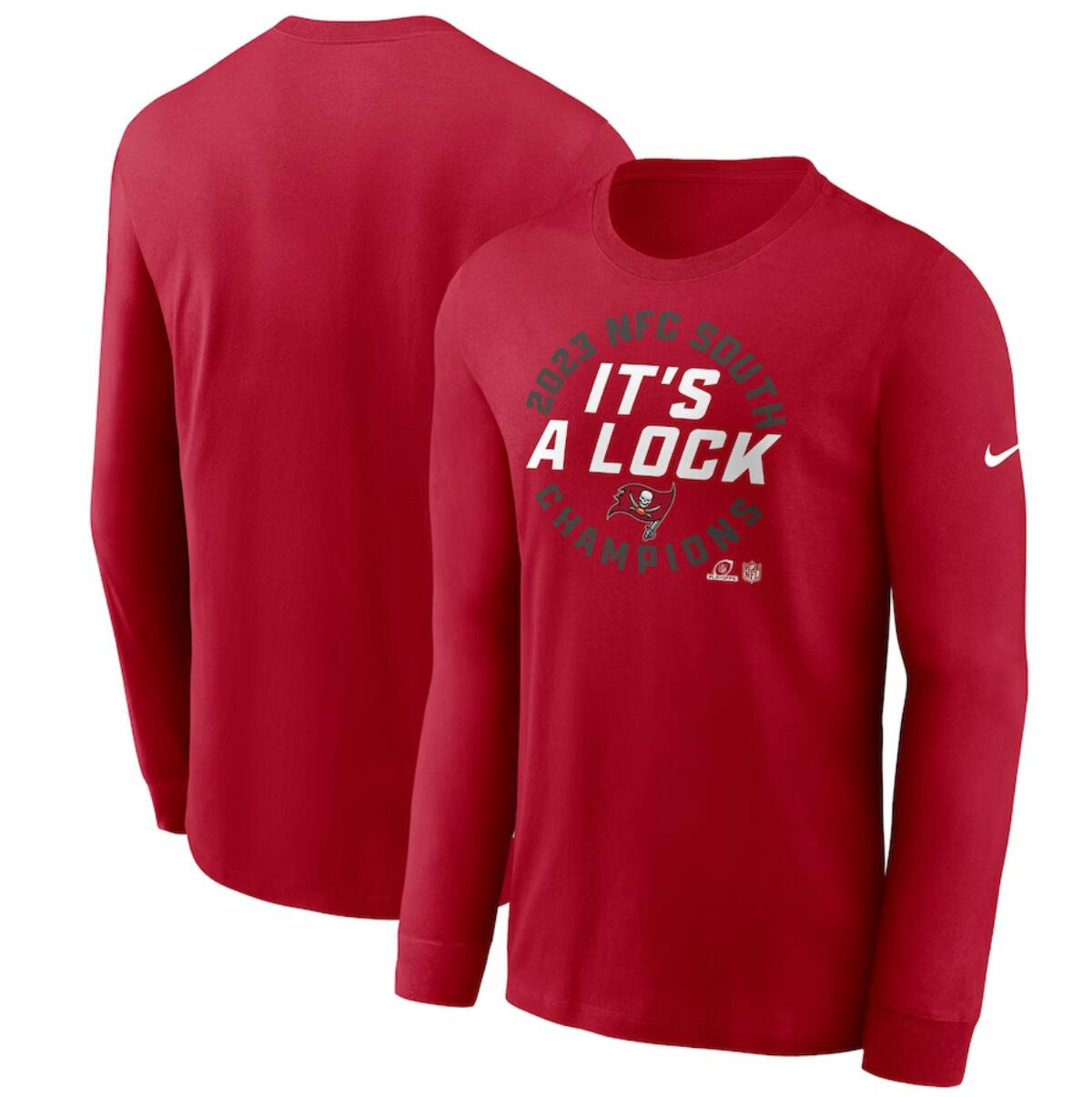 Men's Tampa Bay Buccaneers Red 2023 NFC South Division Champions Locker Room Trophy Collection Long Sleeve T-Shirt Men's Tampa Bay Buccaneers Red 2023 NFC South Division Champions Locker Room Trophy Collection Long Sleeve T-Shirt