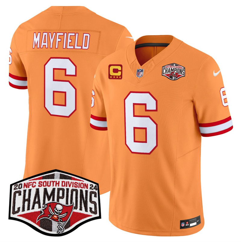 Men's Tampa Bay Buccaneers #6 Baker Mayfield Orange F.U.S.E. 2024 NFC South Champions With 4-Star C Patch Limited Stitched Jersey