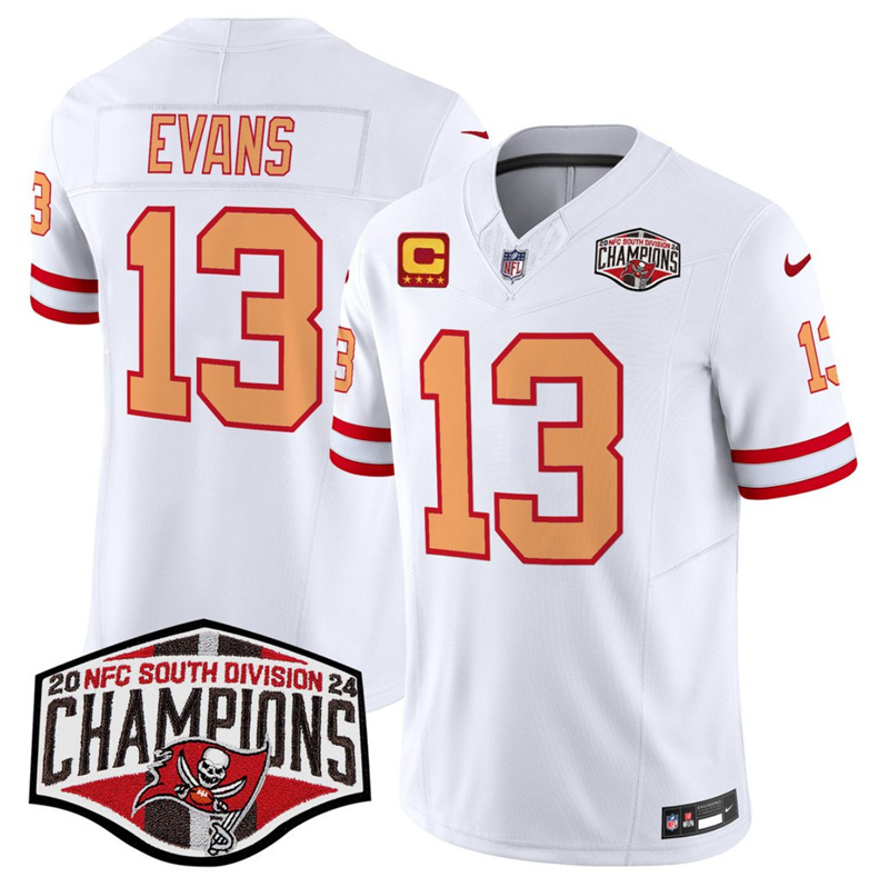 Men's Tampa Bay Buccaneers #13 Mike Evans White F.U.S.E. 2024 NFC South Champions With 4-Star C Patch Limited Stitched Jersey Men's Tampa Bay Buccaneers #13 Mike Evans White F.U.S.E. 2024 NFC South Champions With 4-Star C Patch Limited Stitched Jersey