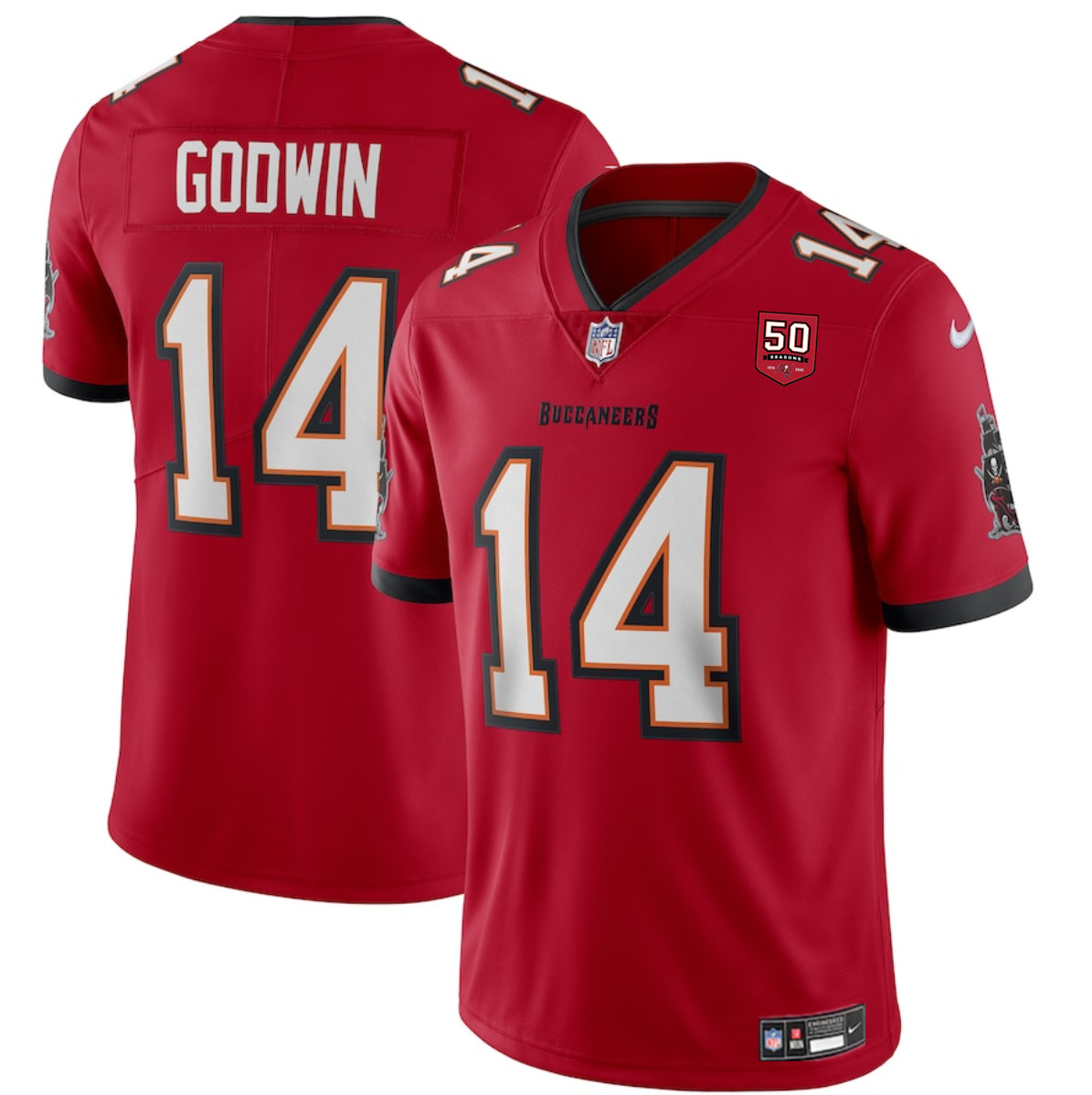 Men's Tampa Bay Buccaneers #14 Chris Godwin Red 2025 50th Anniversary Patch Vapor Untouchable Limited Stitched Football Jersey Men's Tampa Bay Buccaneers #14 Chris Godwin Red 2025 50th Anniversary Patch Vapor Untouchable Limited Stitched Football Jersey