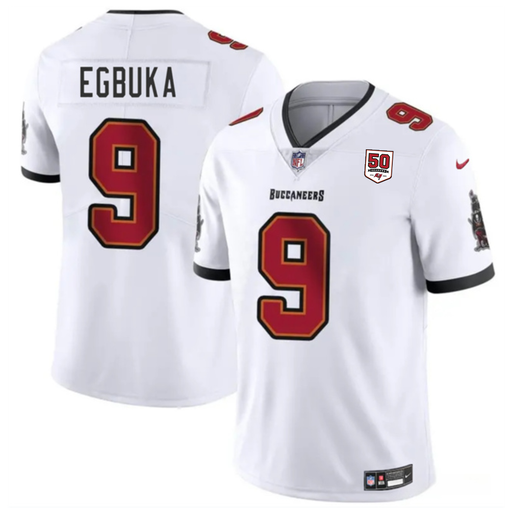 Men's Tampa Bay Buccaneers #9 Emeka Egbuka White 2025 Draft 50th Anniversary Patch Vapor Untouchable Limited Stitched Football Jersey Men's Tampa Bay Buccaneers #9 Emeka Egbuka White 2025 Draft 50th Anniversary Patch Vapor Untouchable Limited Stitched Football Jersey