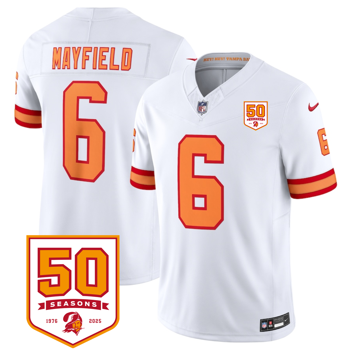 Men's Tampa Bay Buccaneers Custom White 2025 F.U.S.E. 50th Anniversary Patch Vapor Limited Stitched Jersey
