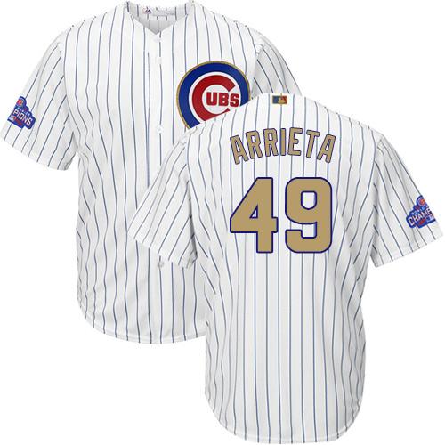 Cubs #49 Jake Arrieta White(Blue Strip) 2017 Gold Program Cool Base Stitched MLB Jersey Cubs #49 Jake Arrieta White(Blue Strip) 2017 Gold Program Cool Base Stitched MLB Jersey