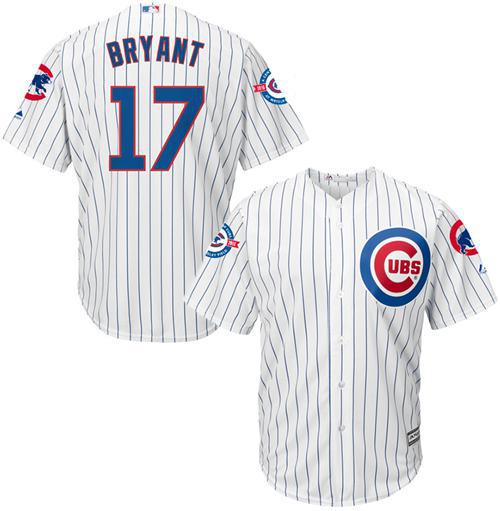 Cubs #17 Kris Bryant White Strip New Cool Base with 100 Years at Wrigley Field Commemorative Patch Stitched MLB Jersey Cubs #17 Kris Bryant White Strip New Cool Base with 100 Years at Wrigley Field Commemorative Patch Stitched MLB Jersey
