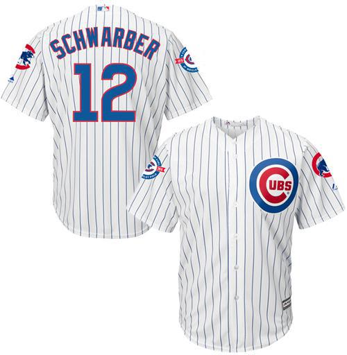 Cubs #12 Kyle Schwarber White Strip New Cool Base with 100 Years at Wrigley Field Commemorative Patch Stitched MLB Jersey Cubs #12 Kyle Schwarber White Strip New Cool Base with 100 Years at Wrigley Field Commemorative Patch Stitched MLB Jersey
