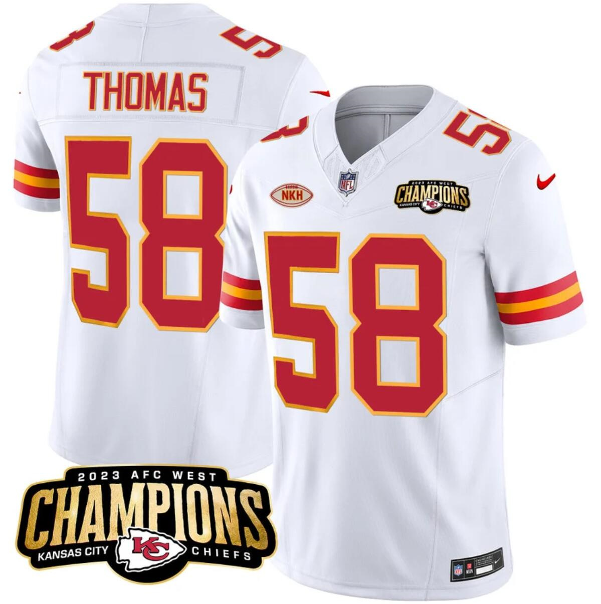 Men’s Kansas City Chiefs #58 Derrick Thomas White 2023 F.U.S.E. AFC West Champions With "NKH" Patch Vapor Untouchable Limited Stitched Jersey Men’s Kansas City Chiefs #58 Derrick Thomas White 2023 F.U.S.E. AFC West Champions With "NKH" Patch Vapor Untouchable Limited Stitched Jersey
