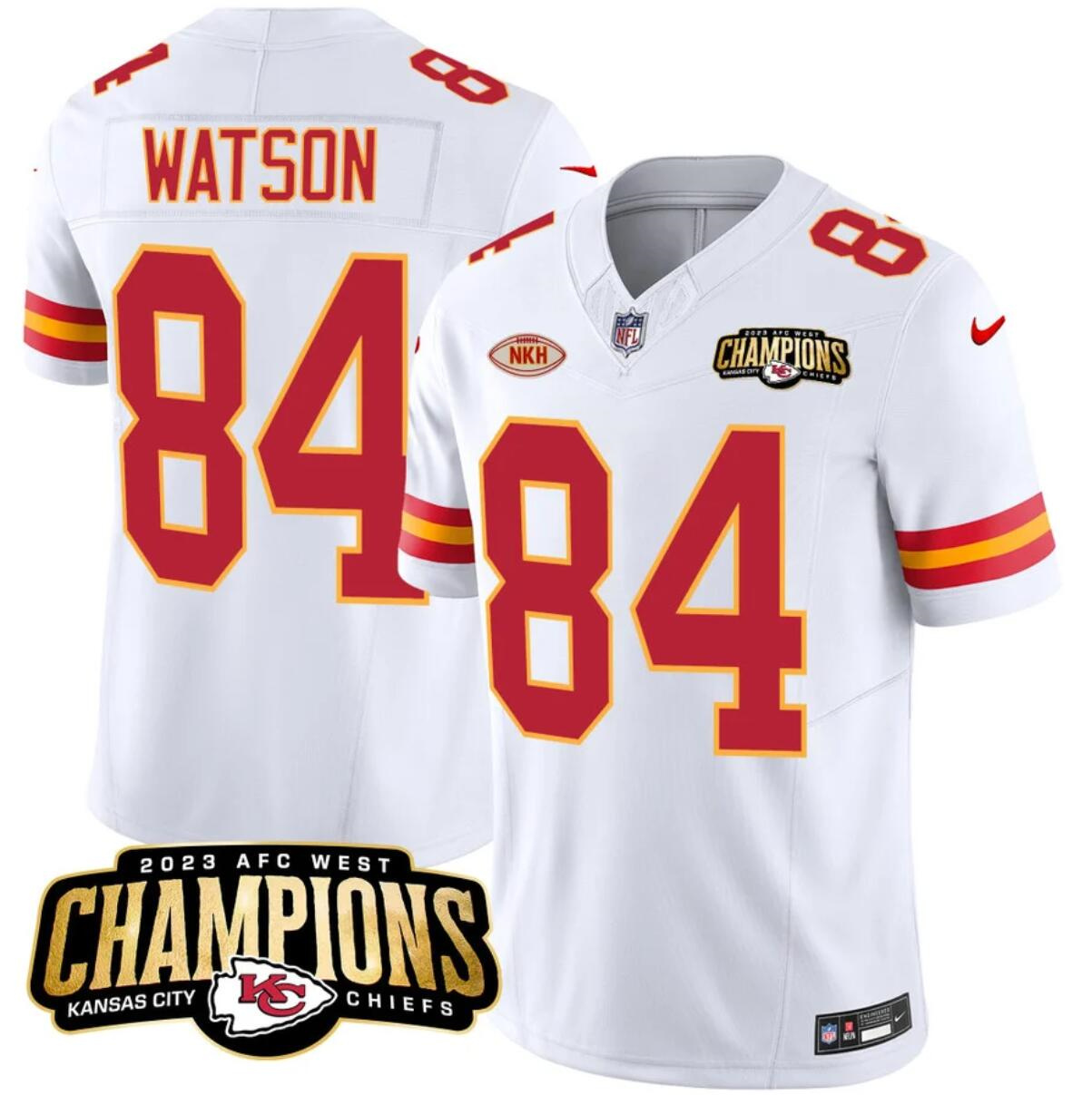 Men’s Kansas City Chiefs #84 Justin Watson White 2023 F.U.S.E. AFC West Champions With "NKH" Patch Vapor Untouchable Limited Stitched Jersey Men’s Kansas City Chiefs #84 Justin Watson White 2023 F.U.S.E. AFC West Champions With "NKH" Patch Vapor Untouchable Limited Stitched Jersey