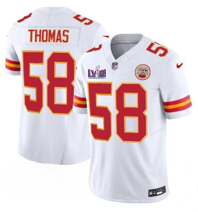 Men's Kansas City Chiefs #58 Derrick Thomas White F.U.S.E. Super Bowl LVIII Patch Vapor Untouchable Limited Stitched Football Jersey Men's Kansas City Chiefs #58 Derrick Thomas White F.U.S.E. Super Bowl LVIII Patch Vapor Untouchable Limited Stitched Football Jersey
