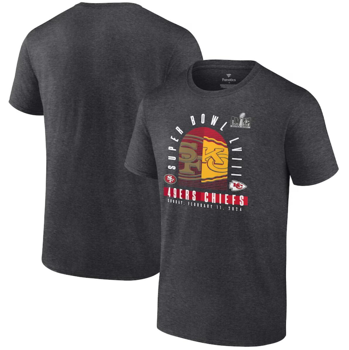 Men's Heather Charcoal San Francisco 49ers vs. Kansas City Chiefs Super Bowl LVIII Matchup Final Battle T-Shirt Men's Heather Charcoal San Francisco 49ers vs. Kansas City Chiefs Super Bowl LVIII Matchup Final Battle T-Shirt