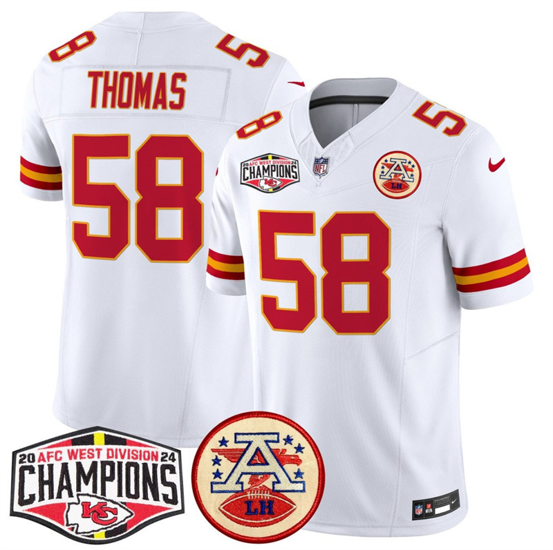 Men's Kansas City Chiefs #58 Derrick Thomas White F.U.S.E. 2024 AFC West Division Champions Vapor Limited Stitched Football Jersey Men's Kansas City Chiefs #58 Derrick Thomas White F.U.S.E. 2024 AFC West Division Champions Vapor Limited Stitched Football Jersey