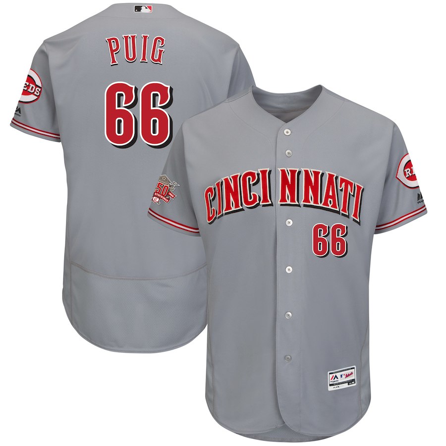 Men's Reds #66 Yasiel Puig Majestic Gray 150th Anniversary Road Authentic Collection Flex Base Player Jersey Men's Reds #66 Yasiel Puig Majestic Gray 150th Anniversary Road Authentic Collection Flex Base Player Jersey
