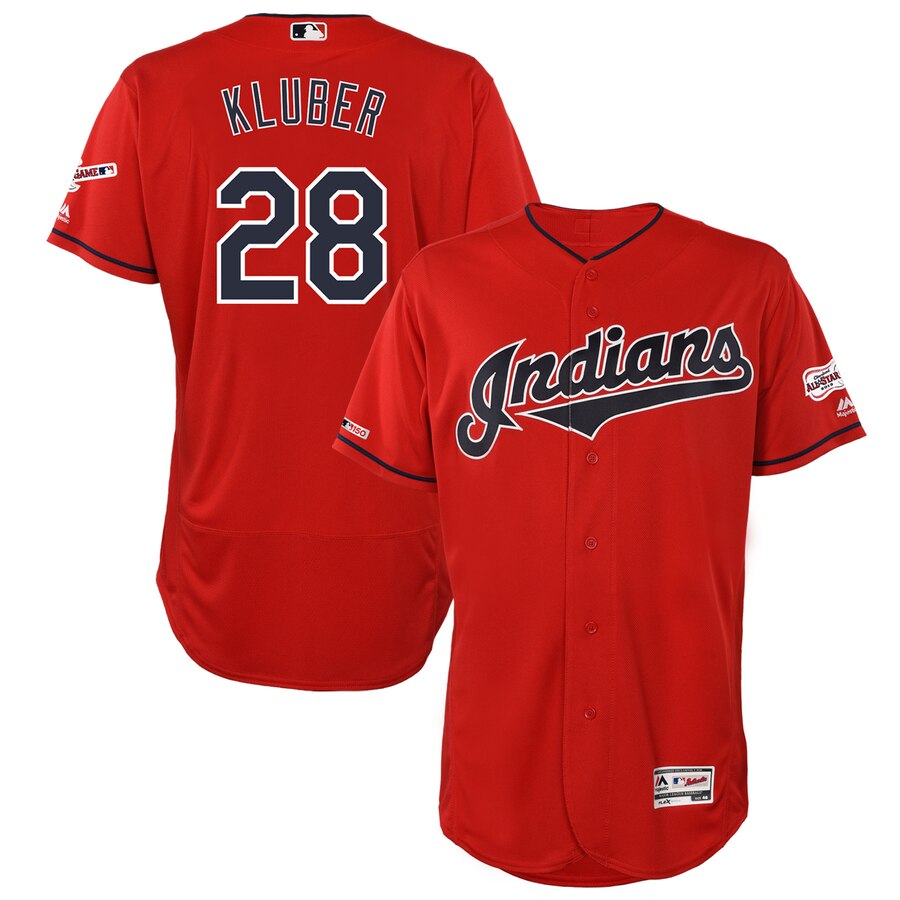 Cleveland Indians #28 Corey Kluber Majestic Alternate 2019 All-Star Game Patch Flex Base Player Jersey Scarlet Cleveland Indians #28 Corey Kluber Majestic Alternate 2019 All-Star Game Patch Flex Base Player Jersey Scarlet