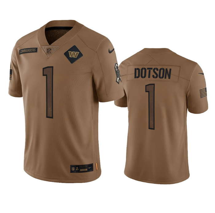 Men's Washington Commanders #1 Jahan Dotson 2023 Brown Salute To Service Limited Stitched Football Jersey Men's Washington Commanders #1 Jahan Dotson 2023 Brown Salute To Service Limited Stitched Football Jersey