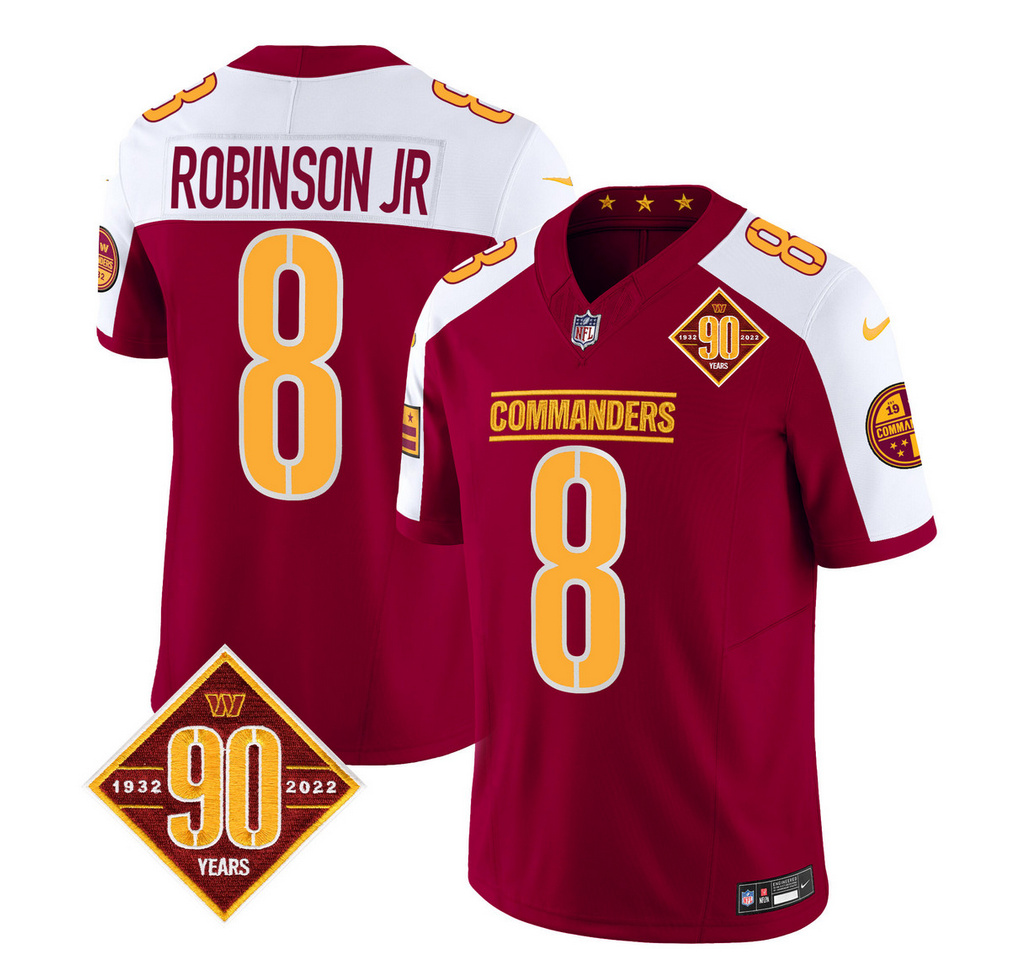 Men's Washington Commanders #8 Brian Robinson Burgundy/White 2023 F.U.S.E. 90th Anniversary Vapor Limited Stitched Football Jersey Men's Washington Commanders #8 Brian Robinson Burgundy/White 2023 F.U.S.E. 90th Anniversary Vapor Limited Stitched Football Jersey