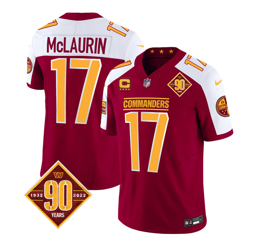 Men's Washington Commanders #17 Terry McLaurin Burgundy/White 2023 F.U.S.E. 90th Anniversary Vapor Limited Stitched Football Jersey Men's Washington Commanders #17 Terry McLaurin Burgundy/White 2023 F.U.S.E. 90th Anniversary Vapor Limited Stitched Football Jersey
