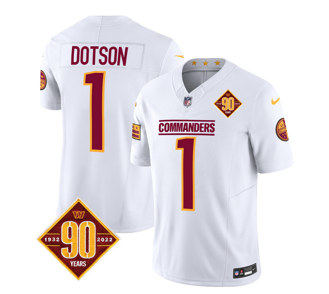 Men's Washington Commanders #1 Jahan Dotson White 2023 F.U.S.E. 90th Anniversary Vapor Limited Stitched Football Jersey Men's Washington Commanders #1 Jahan Dotson White 2023 F.U.S.E. 90th Anniversary Vapor Limited Stitched Football Jersey
