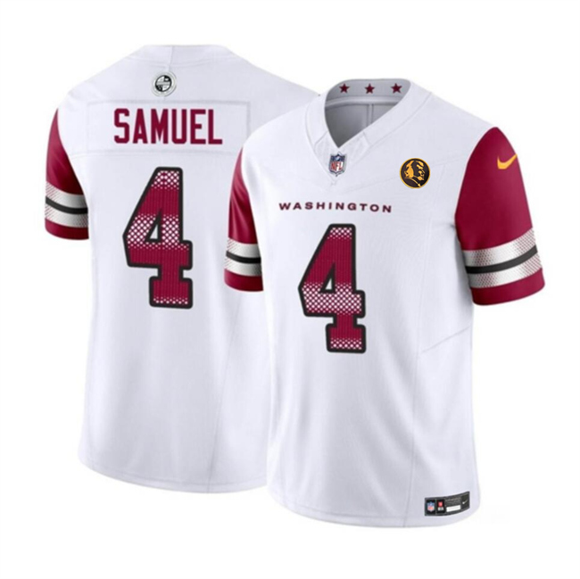 Men's Washington Commanders #4 Curtis Samuel White 2023 F.U.S.E. With John Madden Patch Vapor Limited Stitched Football Jersey Men's Washington Commanders #4 Curtis Samuel White 2023 F.U.S.E. With John Madden Patch Vapor Limited Stitched Football Jersey