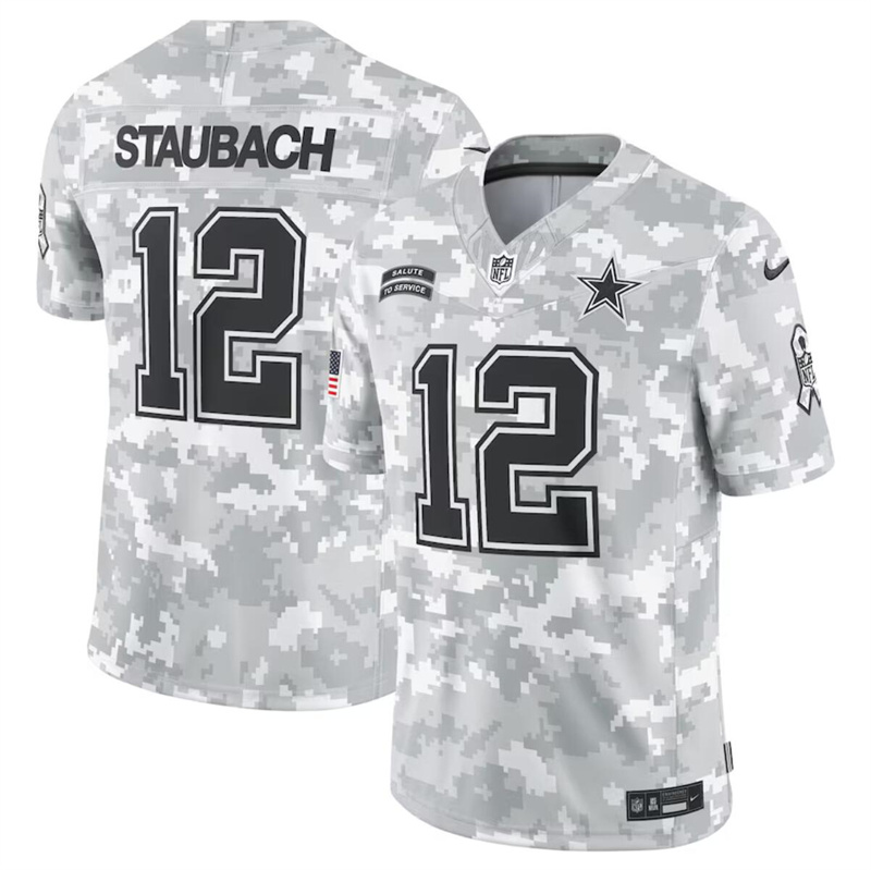 Men's Dallas Cowboys #12 Roger Staubach 2024 Arctic Camo Salute to Service Limited Stitched Football Jersey