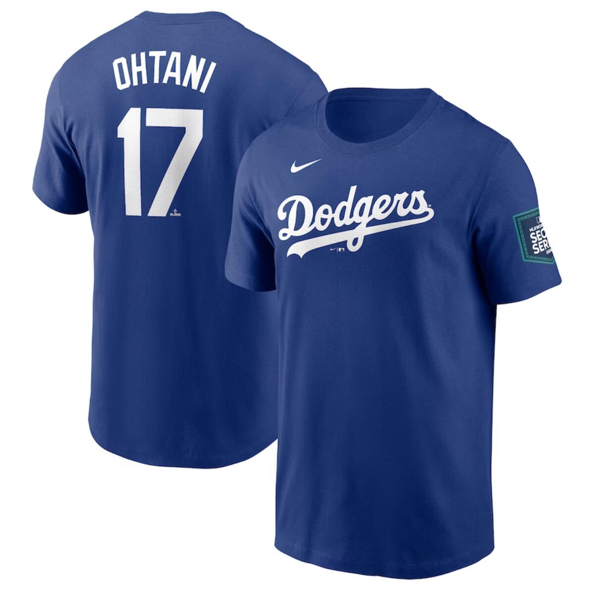 Men's Los Angeles Dodgers #17 Shohei Ohtani Royal 2024 World Tour Seoul Series Name & Number T-Shirt Men's Los Angeles Dodgers #17 Shohei Ohtani Royal 2024 World Tour Seoul Series Name & Number T-Shirt