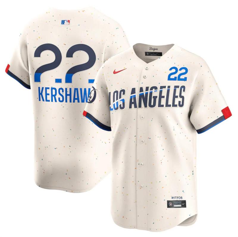 Men's Los Angeles Dodgers #22 Clayton Kershaw Cream 2024 City Connect Limited Stitched Baseball Jersey Men's Los Angeles Dodgers #22 Clayton Kershaw Cream 2024 City Connect Limited Stitched Baseball Jersey