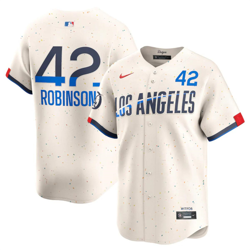 Men's Los Angeles Dodgers #42 Jackie Robinson Cream 2024 City Connect Limited Stitched Baseball Jersey Men's Los Angeles Dodgers #42 Jackie Robinson Cream 2024 City Connect Limited Stitched Baseball Jersey