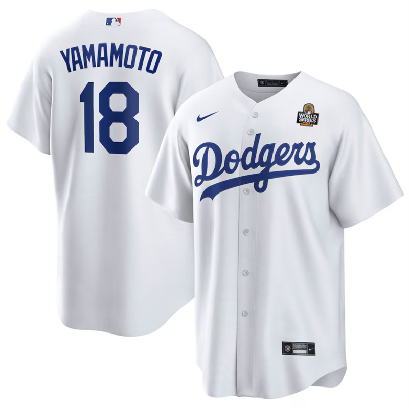 Men's Los Angeles Dodgers #18 Yoshinobu Yamamoto White 2024 World Series Cool Base Stitched Baseball Jersey Men's Los Angeles Dodgers #18 Yoshinobu Yamamoto White 2024 World Series Cool Base Stitched Baseball Jersey