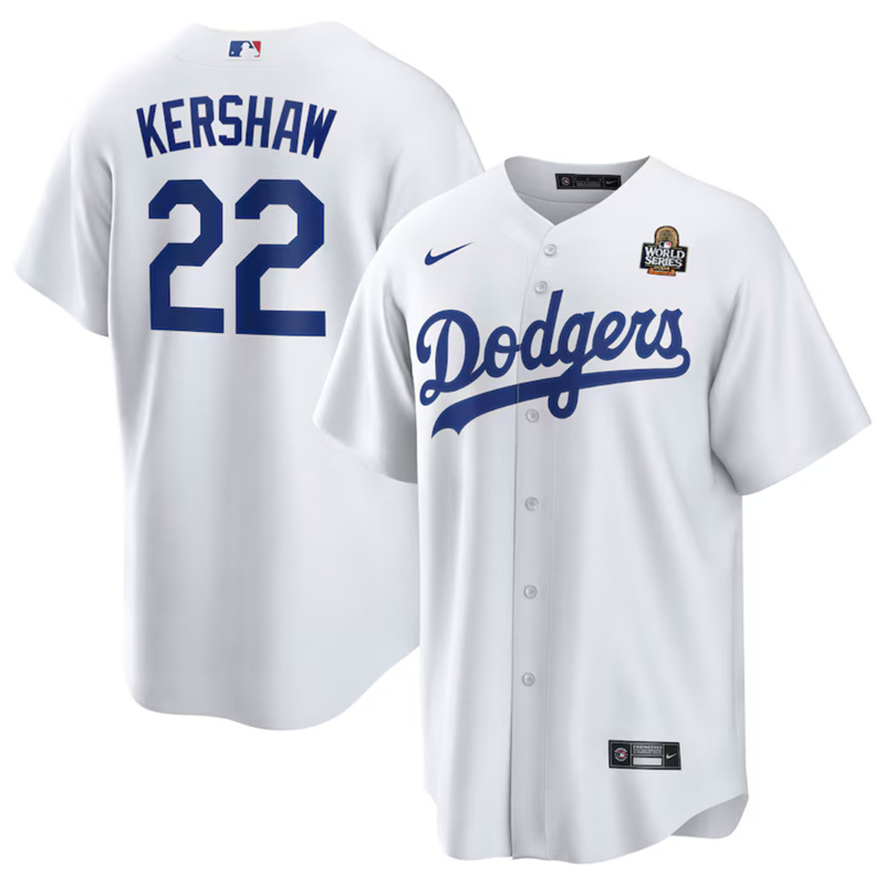 Men's Los Angeles Dodgers #22 Clayton Kershaw White 2024 World Series Cool Base Stitched Baseball Jersey Men's Los Angeles Dodgers #22 Clayton Kershaw White 2024 World Series Cool Base Stitched Baseball Jersey