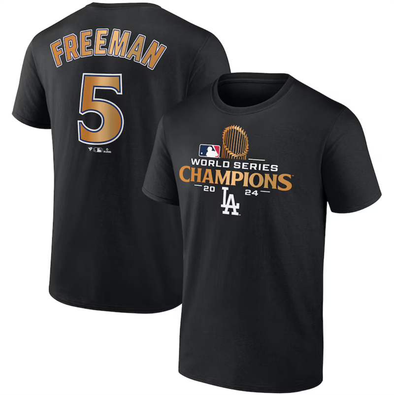 Men's Los Angeles Dodgers #5 Freddie Freeman Black 2024 World Series Champions Name & Number T-Shirt Men's Los Angeles Dodgers #5 Freddie Freeman Black 2024 World Series Champions Name & Number T-Shirt