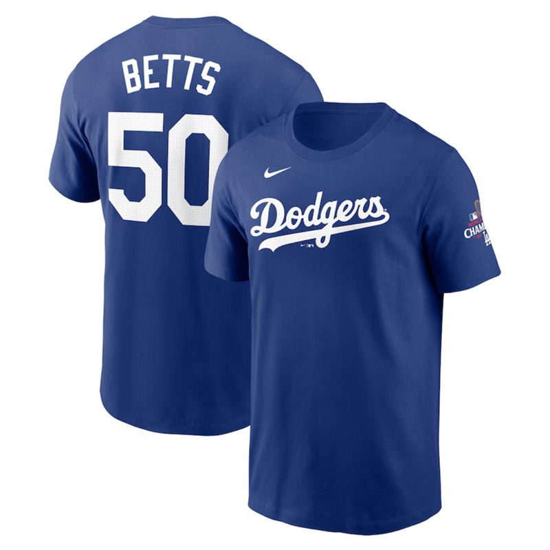 Men's Los Angeles Dodgers #50 Mookie Betts Royal 2024 World Series Champions Name & Number T-Shirt Men's Los Angeles Dodgers #50 Mookie Betts Royal 2024 World Series Champions Name & Number T-Shirt