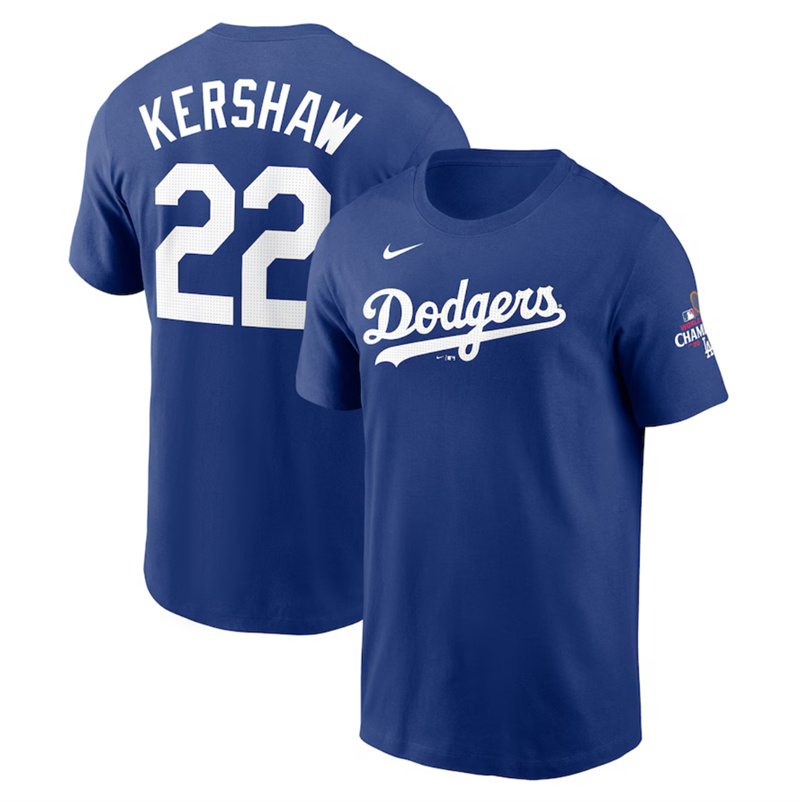 Men's Los Angeles Dodgers #22 Clayton Kershaw Royal 2024 World Series Champions Name & Number T-Shirt Men's Los Angeles Dodgers #22 Clayton Kershaw Royal 2024 World Series Champions Name & Number T-Shirt